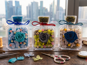 The SKfleur 'Classic Square Blooms in a Bottle' Father's Day preserved blue series collection displayed on a rustic wood desk with a Singapore skyline background.