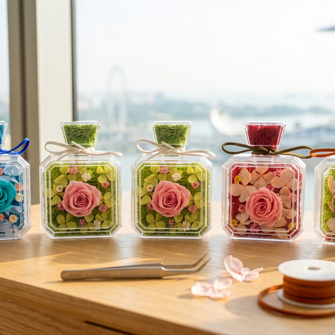 The complete SKfleur Square Blooms in a Bottle DIY kit collection, showcasing turquoise, pink, and red preserved roses in acrylic perfume bottles on a wooden desk with the Singapore skyline background.