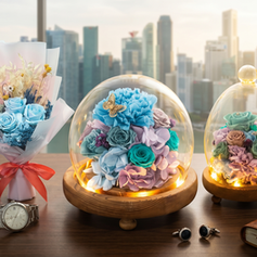 Exclusive SKfleur Father’s Day preserved blue flower collection featuring the Horizon Blue Carnation dome, Powder Blue bouquet, and glowing rose dome against a Singapore skyline backdrop.
