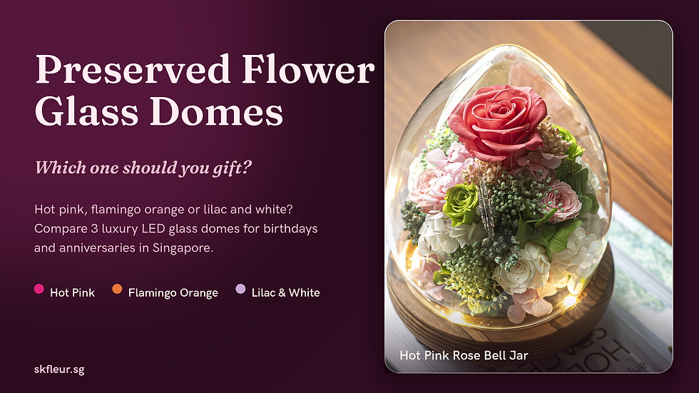 Feature banner for preserved flower glass domes in Singapore, showing a hot pink rose bell jar photo with colour tags for Hot Pink, Flamingo Orange and Lilac & White domes