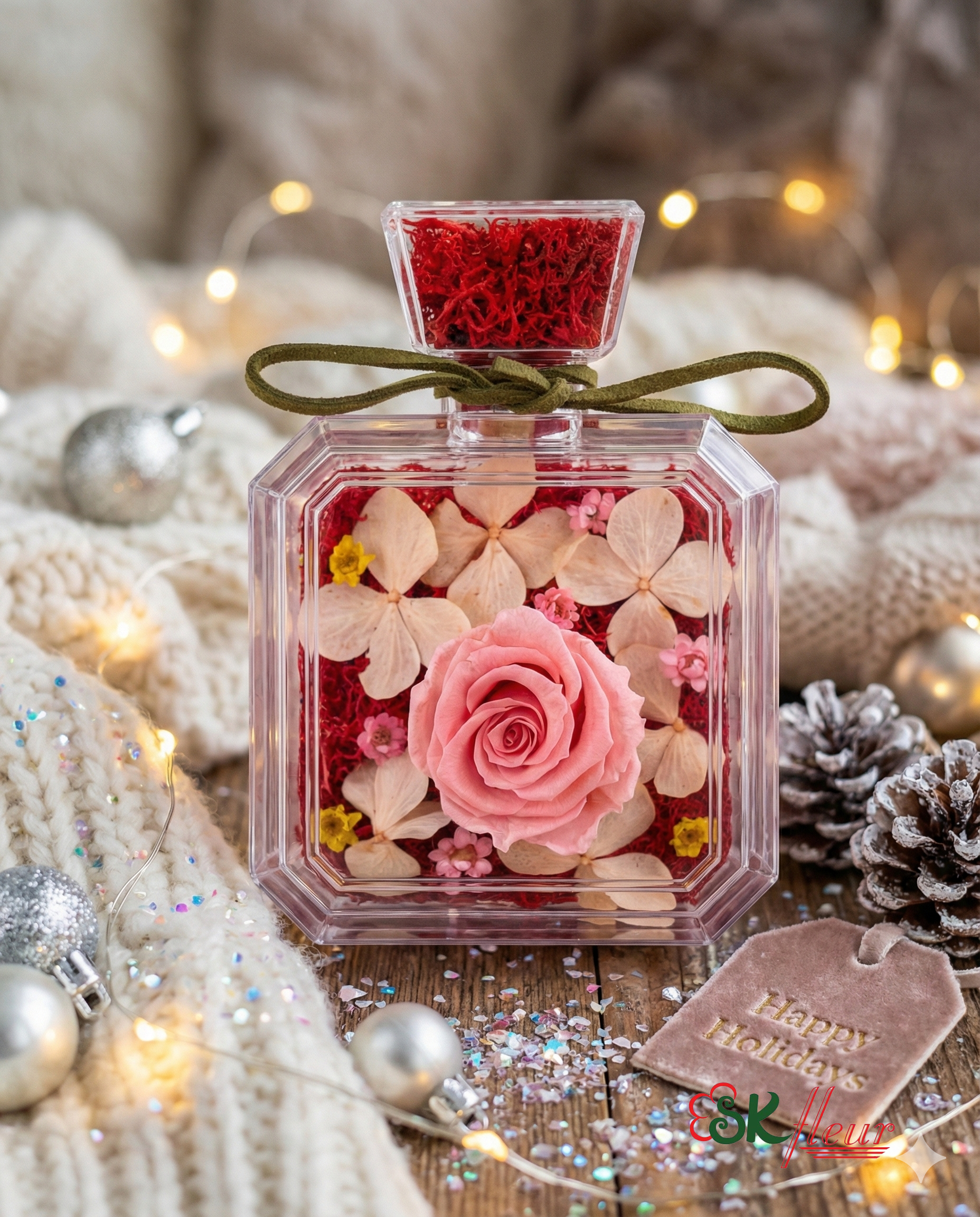 Classic Square Blooms in a Bottle: Pink Preserved Flowers