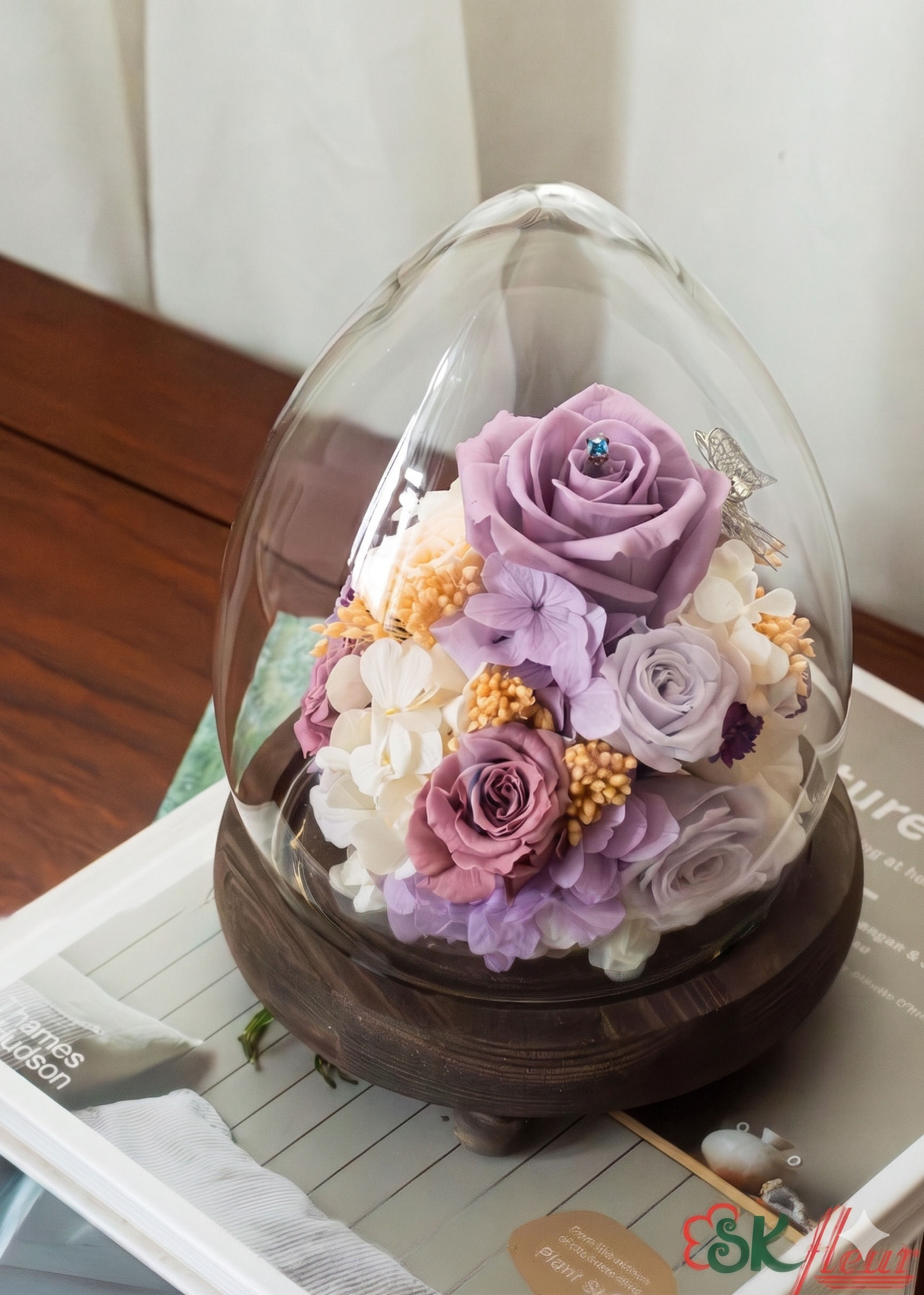 Preserved Flowers Dome - Lilac & White Rose in Glass