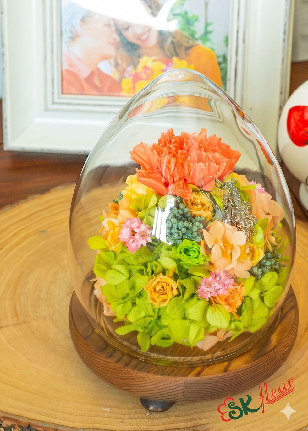 Preserved Flowers Dome - Flamingo Orange Carnation & Roses