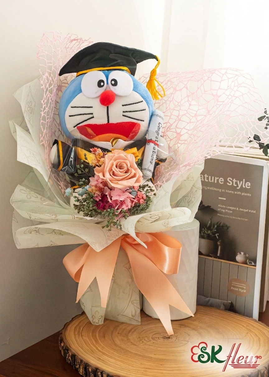 doraemon-graduation-flower-bouquet-blue-preserved-roses-singapore