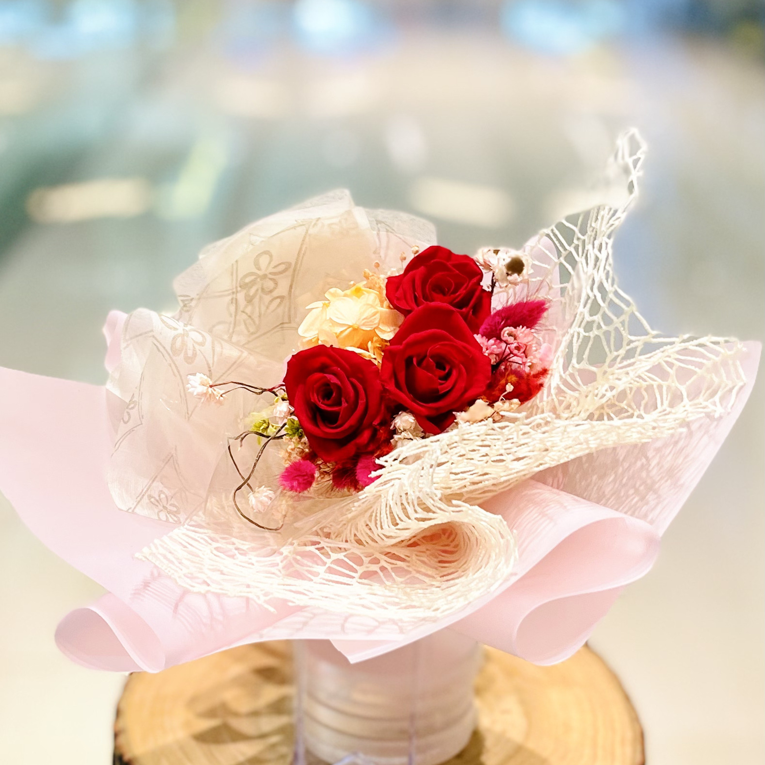 '3 Preserved Cherry Red Rose Bouquet Delivery SG by SKfleur'