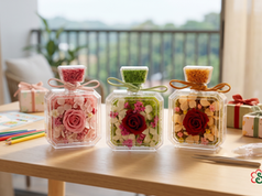 The SKfleur Red Blooms Craft Bottle Kit variations displayed on a wooden table with colored pencils and a drawing book, set against a balcony background.