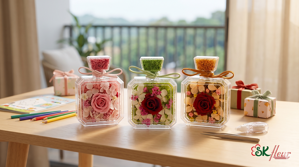 The SKfleur Red Blooms Craft Bottle Kit variations displayed on a wooden table with colored pencils and a drawing book, set against a balcony background.