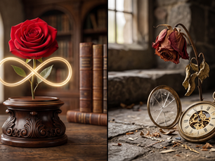 Symbolic dual-panel photograph comparing an enduring preserved red rose with a glowing infinity symbol next to a withered fresh red rose with a broken vintage pocket watch.
