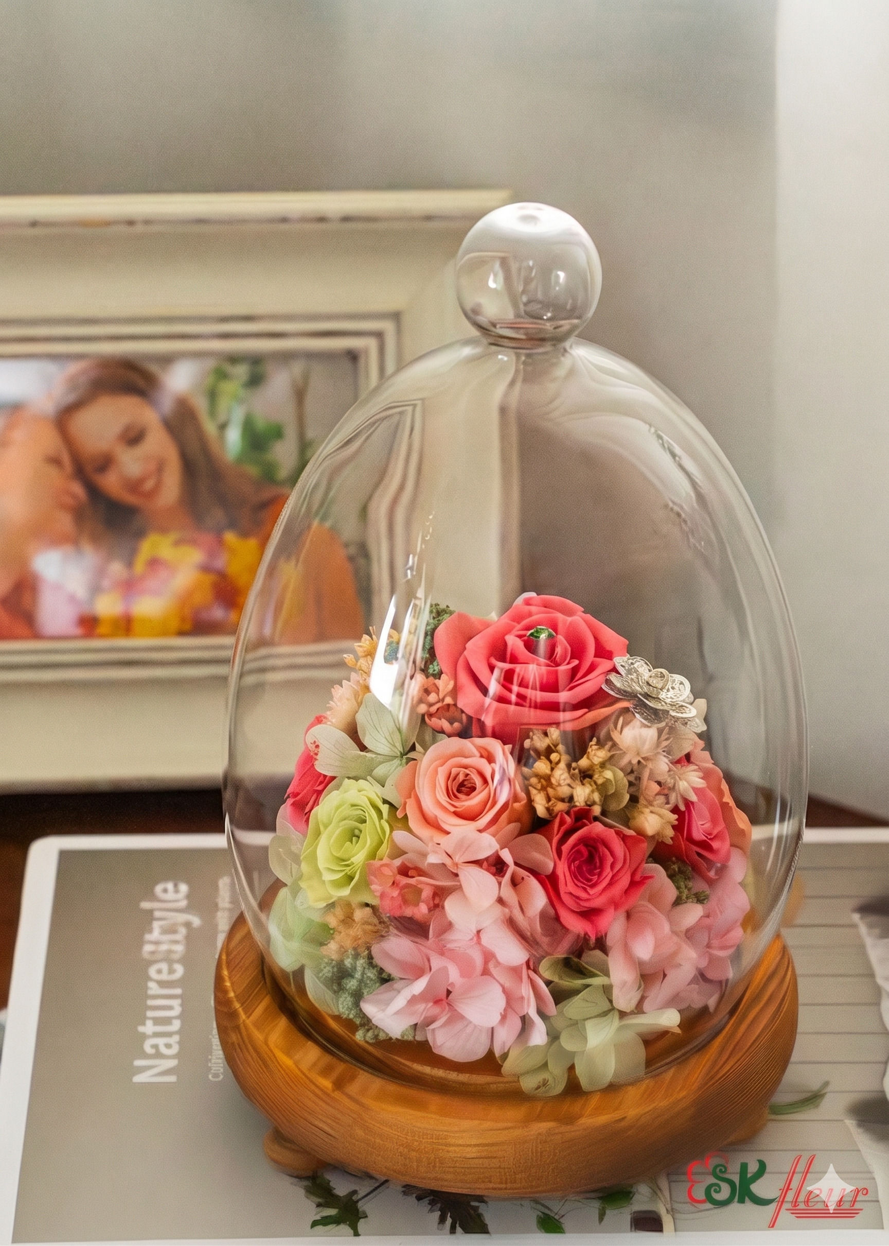 Preserved Flowers in Glass Dome - Hot Pink Rose in Glass