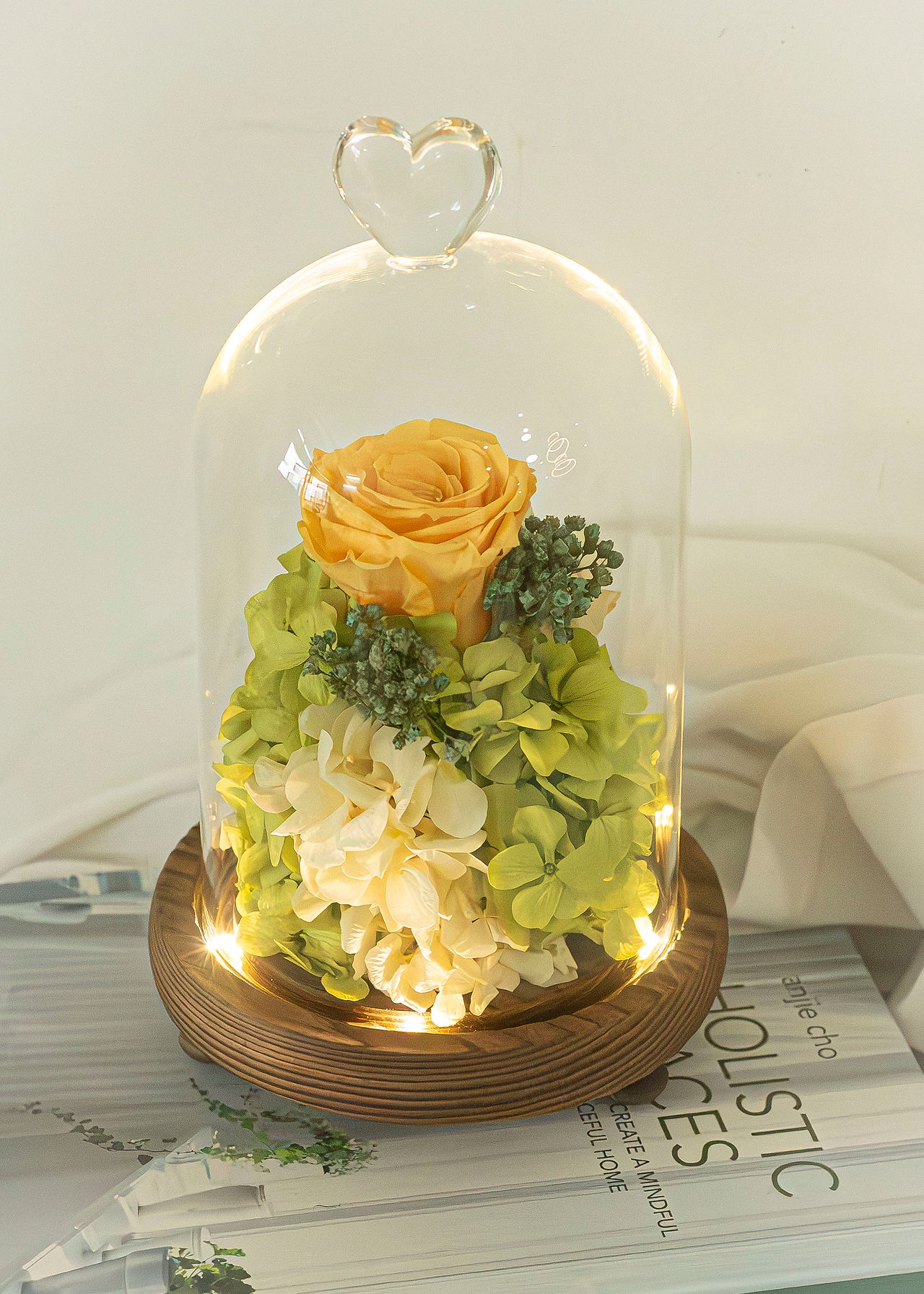 Golden yellow preserved rose with lime-green hydrangeas in an LED glass dome by SKfleur Singapore