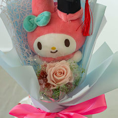 Sanrio My Melody graduation bouquet with a pink preserved rose and light blue wrapping by SKfleur Singapore.