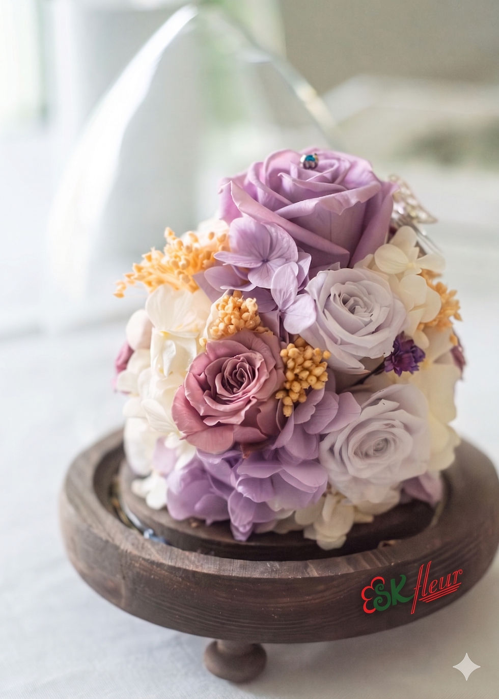 Preserved Flowers Dome - Lilac & White Rose in Glass