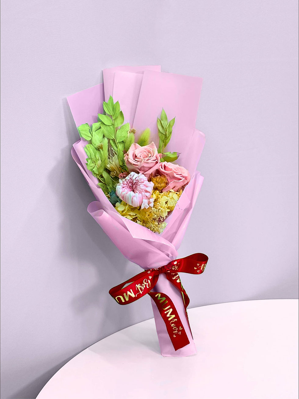 2 Preserved Baby Pink Rose & 1 Pink Mum Bouquet Delivery SG