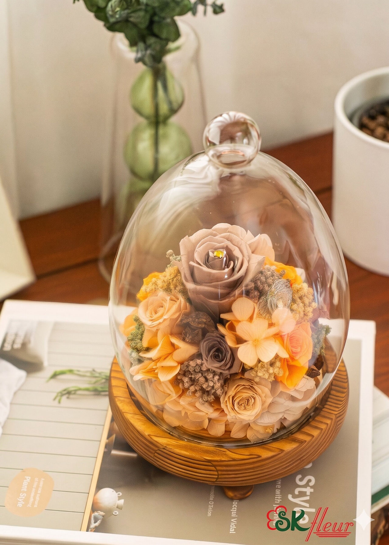 Preserved taupe and orange roses in glass bell dome with gold heart charm, SKfleur Singapore