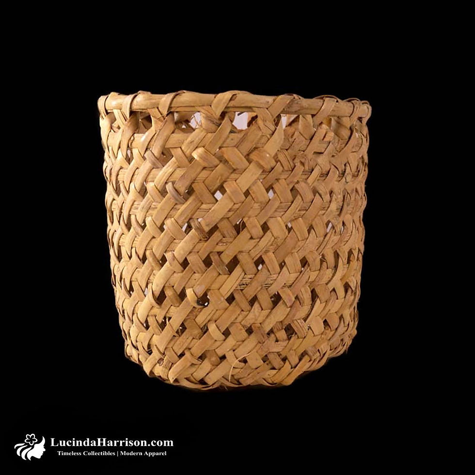 Thumbnail: Vintage Open Weave Caning and Wicker Round Basket Natural Rattan