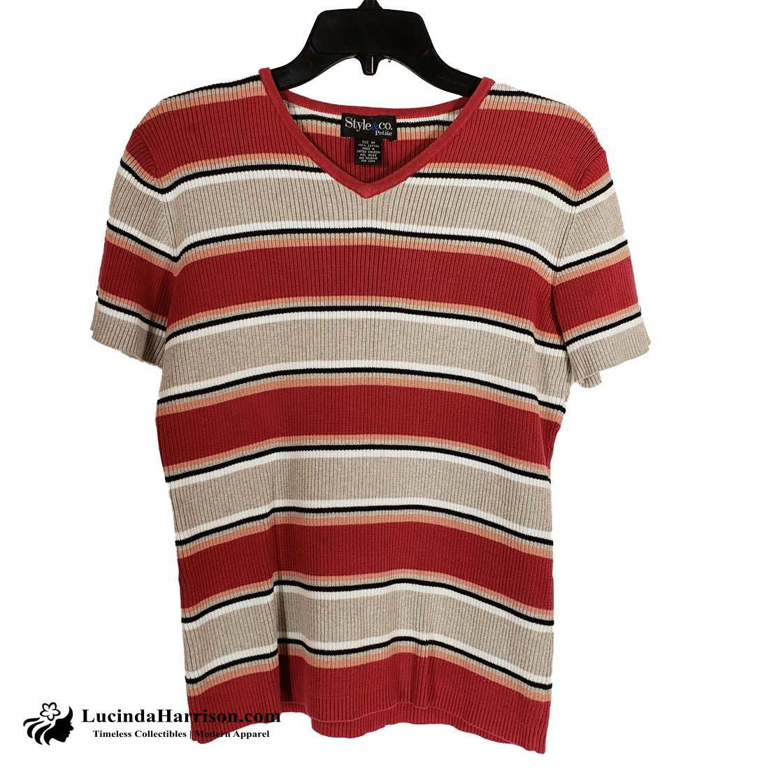 Style & CO Rib Striped Pullover V Neck Petite Medium