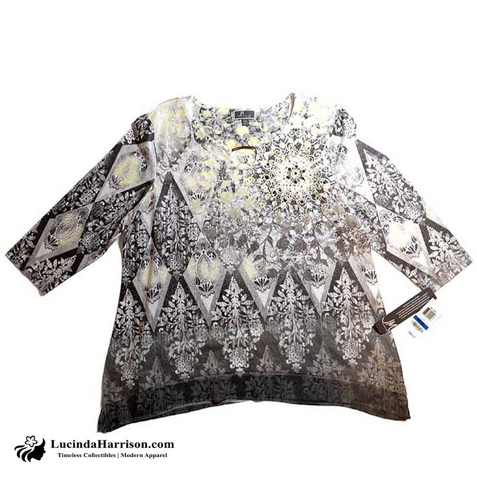 Thumbnail: JM Collection Top Grey Yellow Rhinestones Multi-pattern Petite