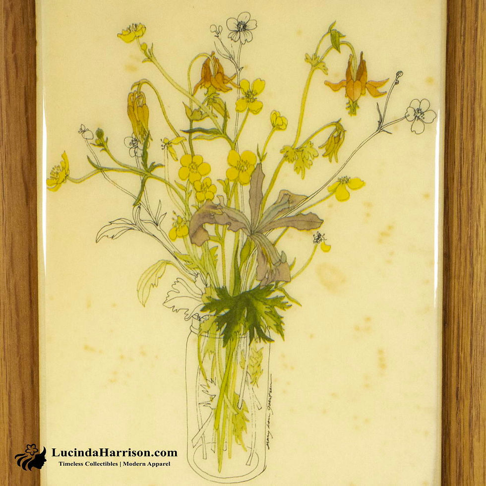 Thumbnail: Set of 2 Vintage Oak Framed Floral Art Tiles Signed Mary Lou Goertzen