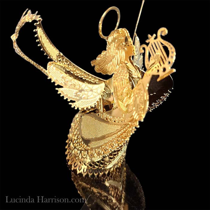 Thumbnail: Vintage Brass Christmas 3D Filigree Angel Holding a Lyre Harp