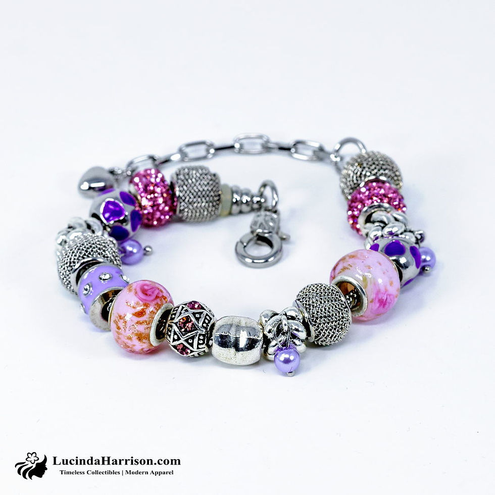 Thumbnail: Bon Voyage European Murano Glass Charm Pink Purple Silver Bracelet