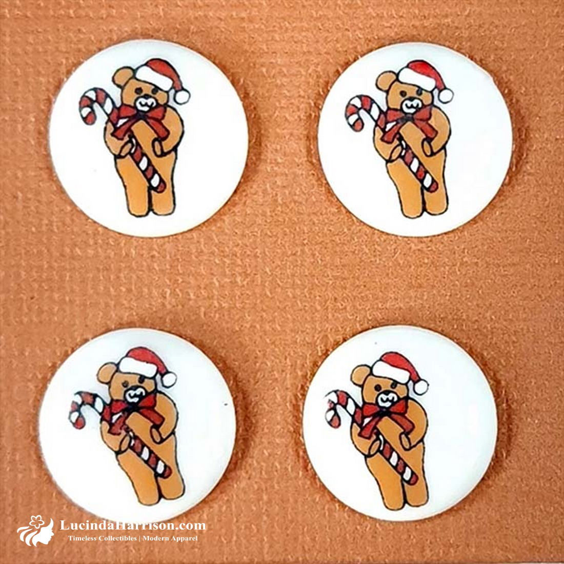 1980s Brown Teddy Bear Christmas Button Set of 4