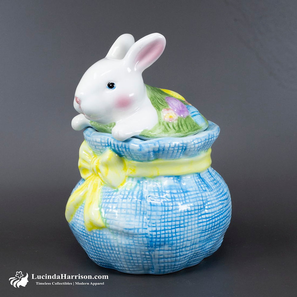 Thumbnail: VTG Ceramic Blue Textured Jar White Rabbit On Lid 1990