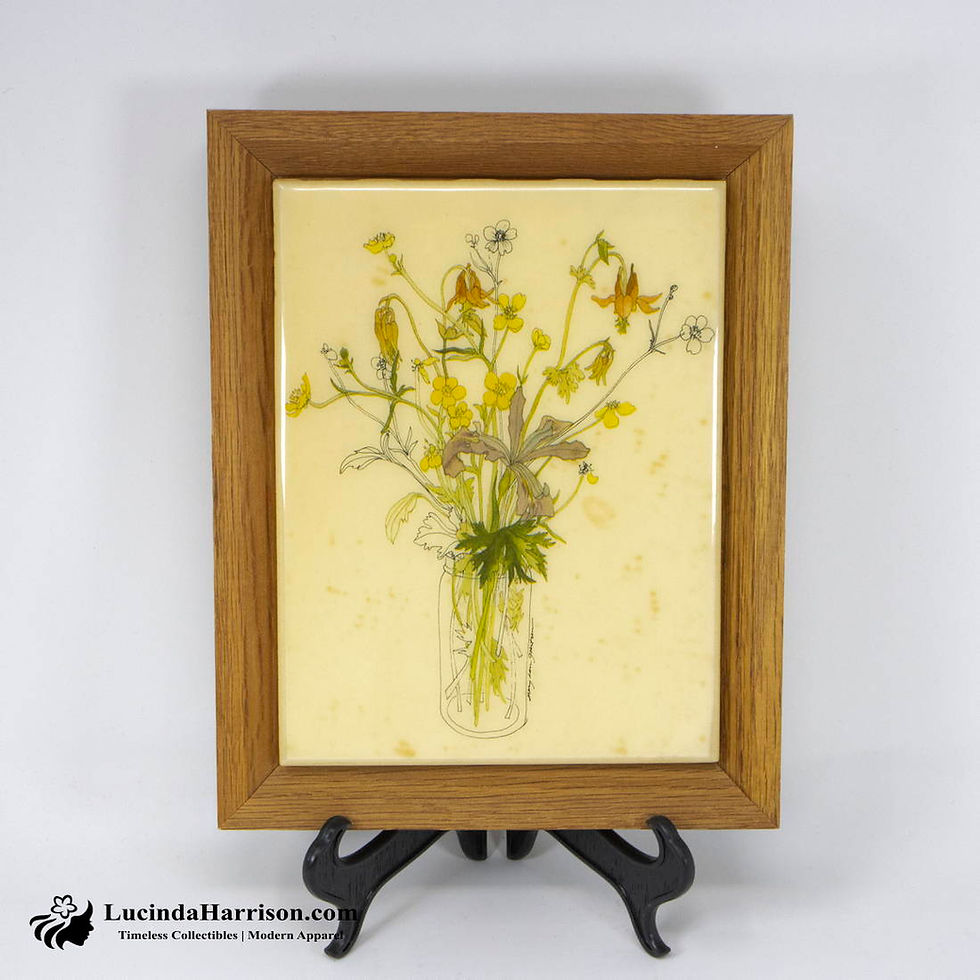 Thumbnail: Set of 2 Vintage Oak Framed Floral Art Tiles Signed Mary Lou Goertzen