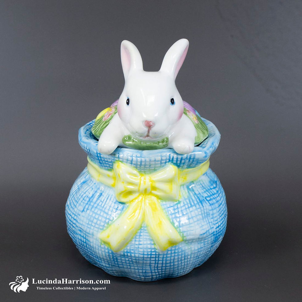 Thumbnail: VTG Ceramic Blue Textured Jar White Rabbit On Lid 1990