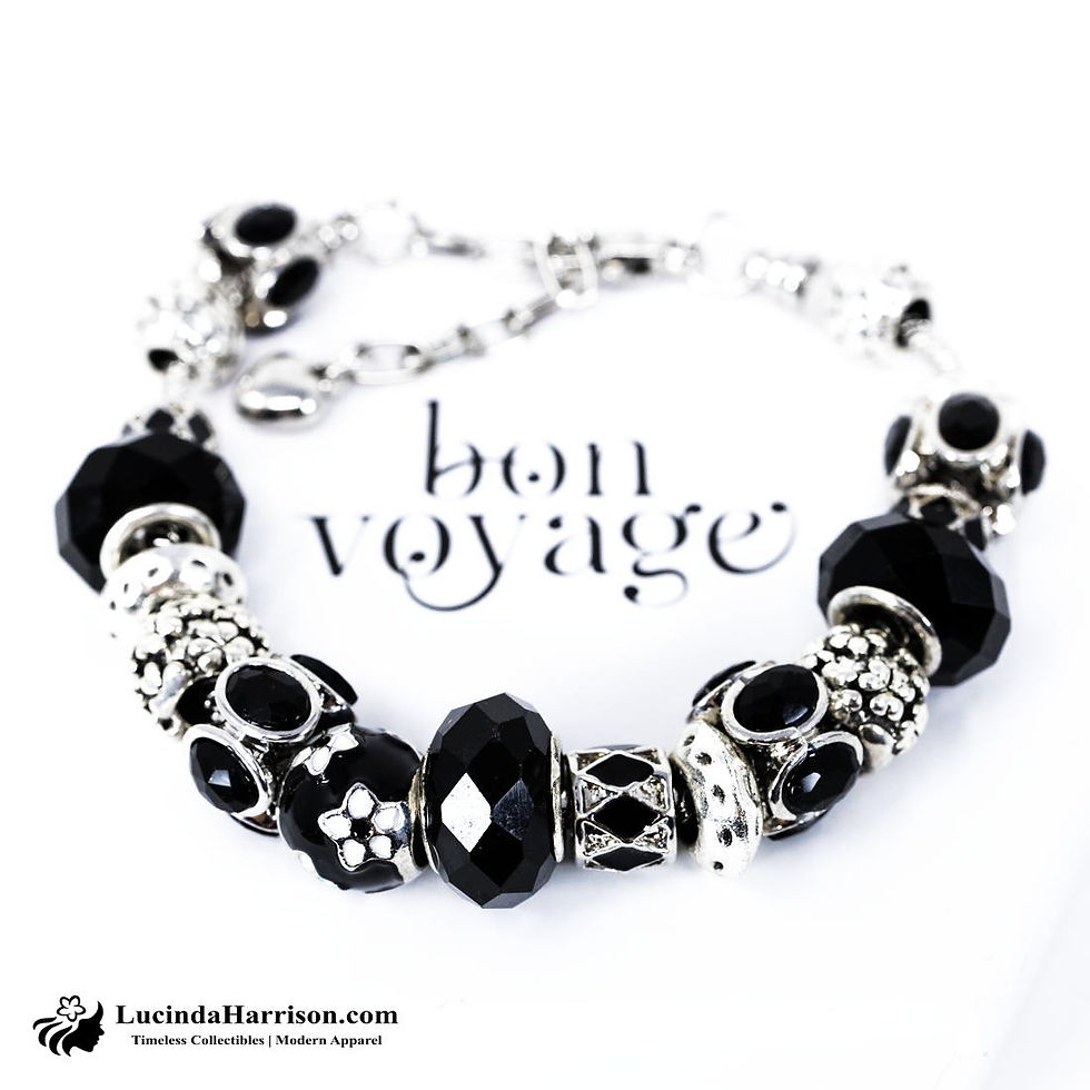 Thumbnail: Bon Voyage European Murano Glass Charm Black Silver Bracelet
