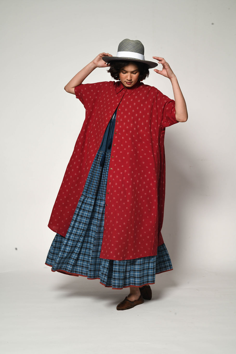 Thumbnail: Kasuri Double Ikat Artist Dress | poppy red & white