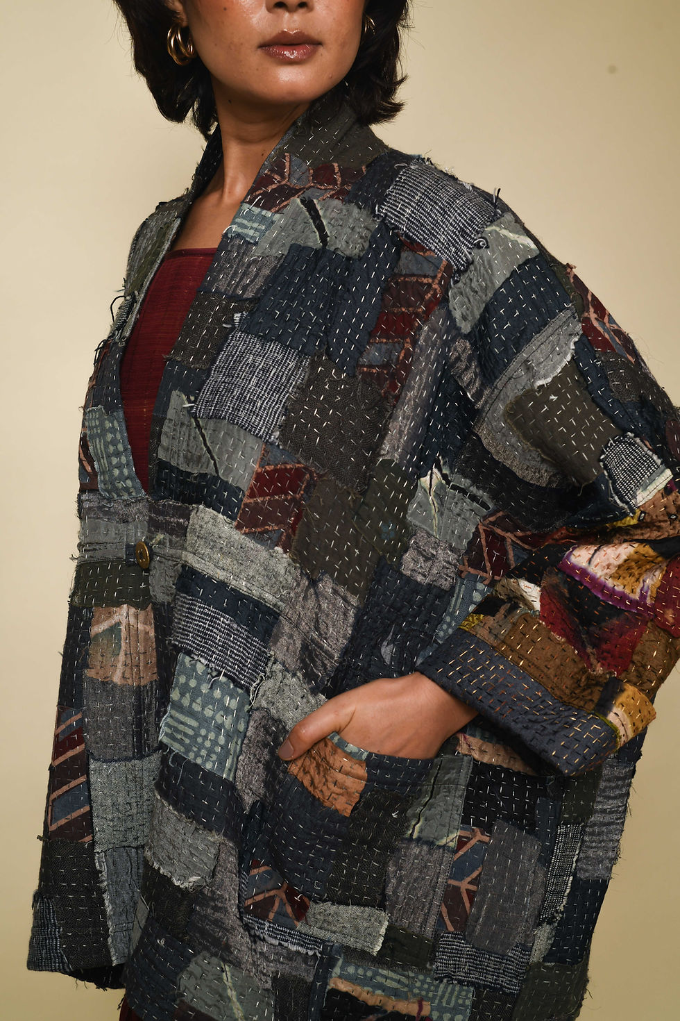 Thumbnail: Reversible Kantha Patch Hanten | gunmetal & black