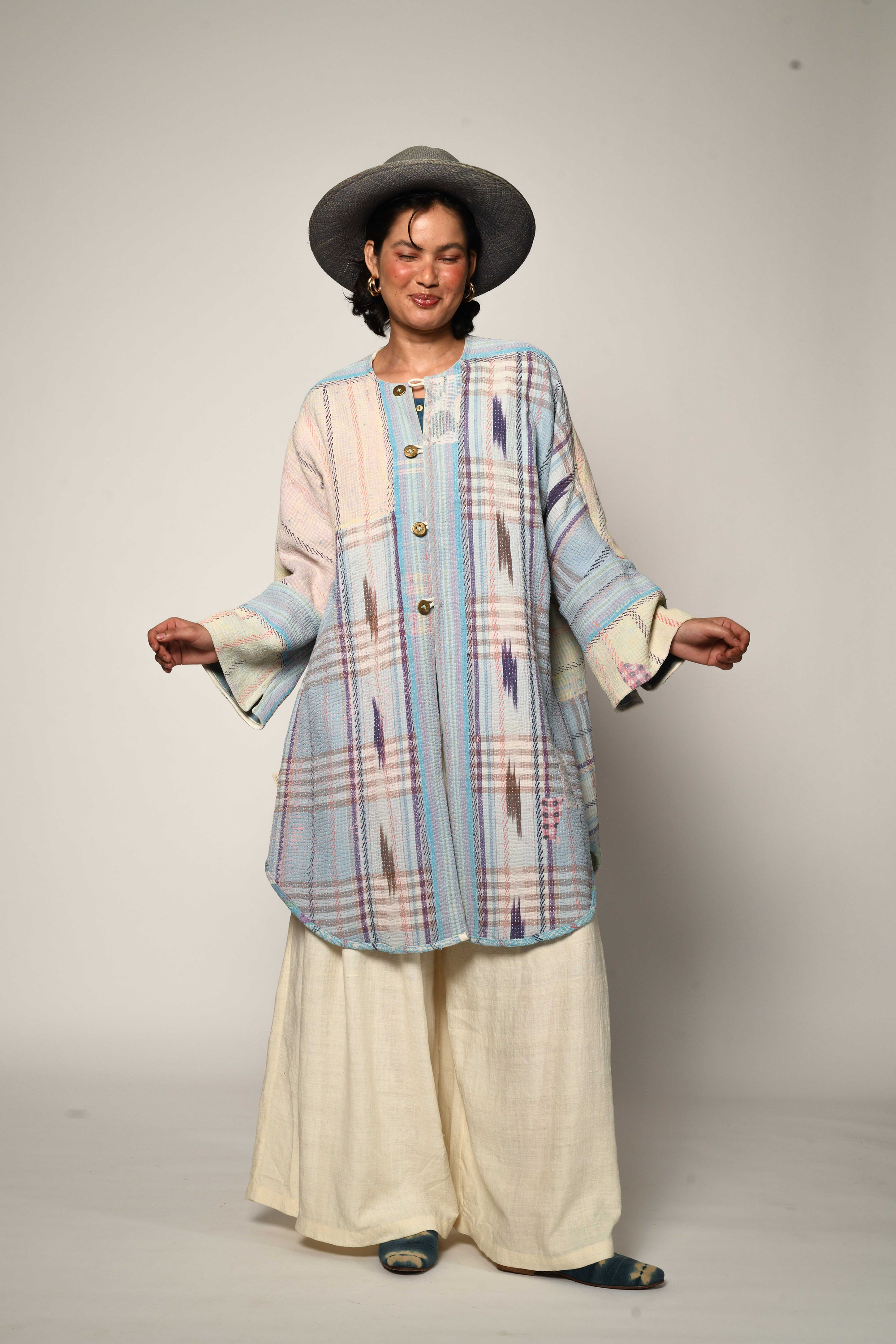 Reversible Vintage Kantha Coat | sky