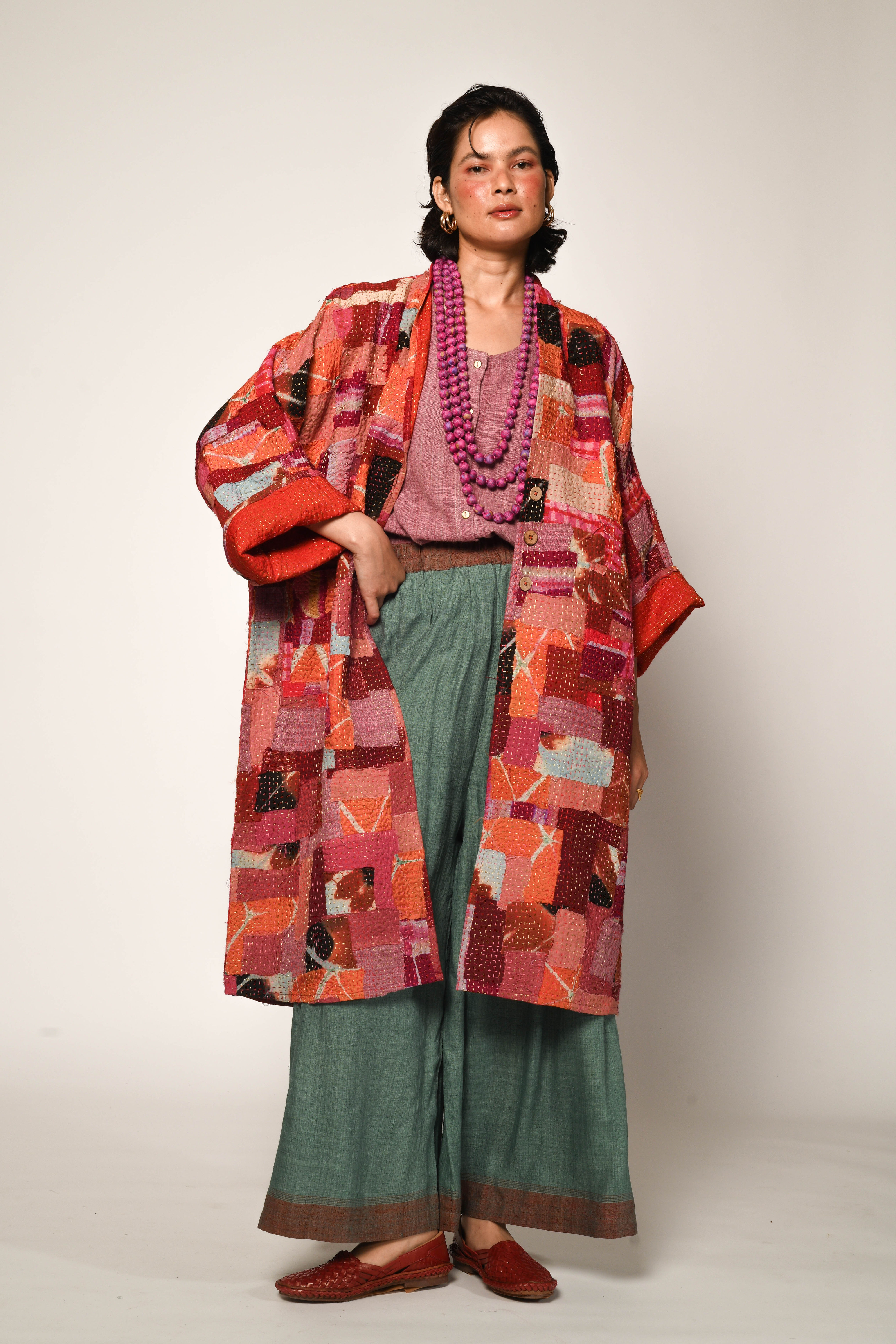 Kantha Patch Duster | burnt orange & rani pink