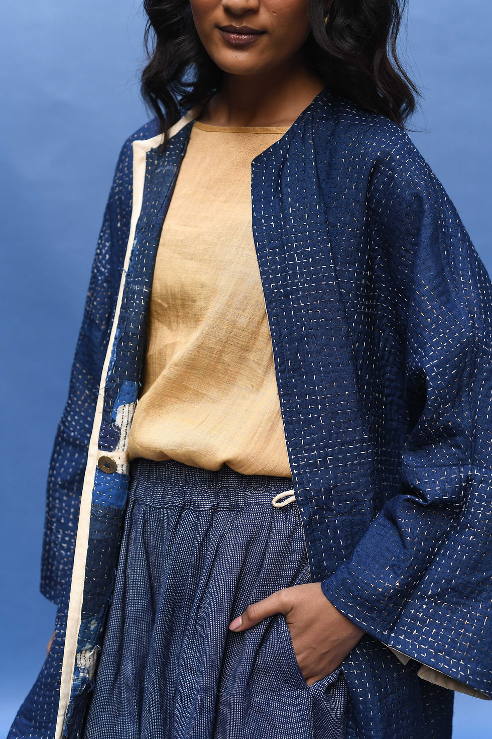 Thumbnail: Reversible Kantha Patch Poncho | indigo
