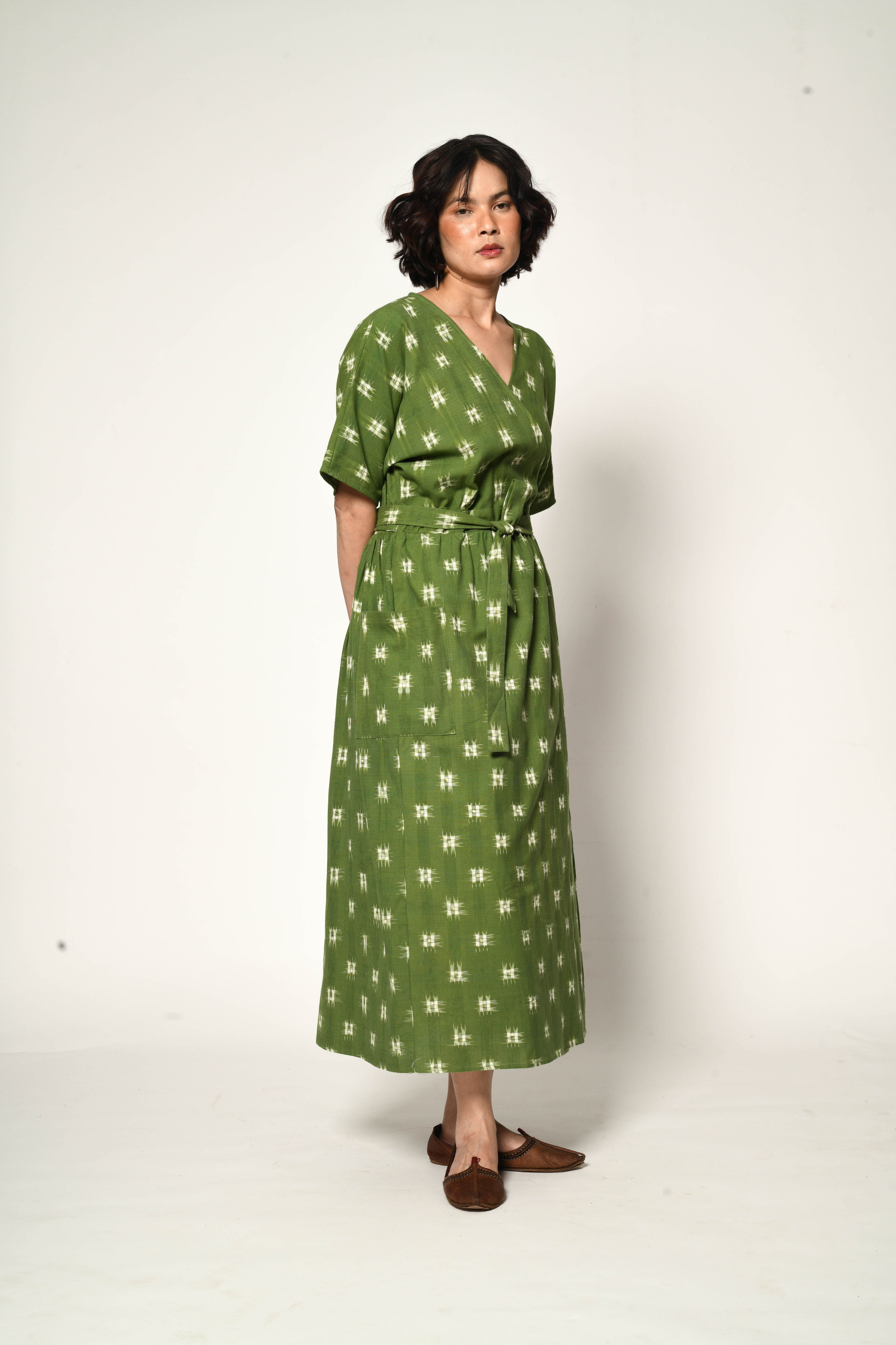Kasuri Double Ikat Wrap Dress | bright olive green & white