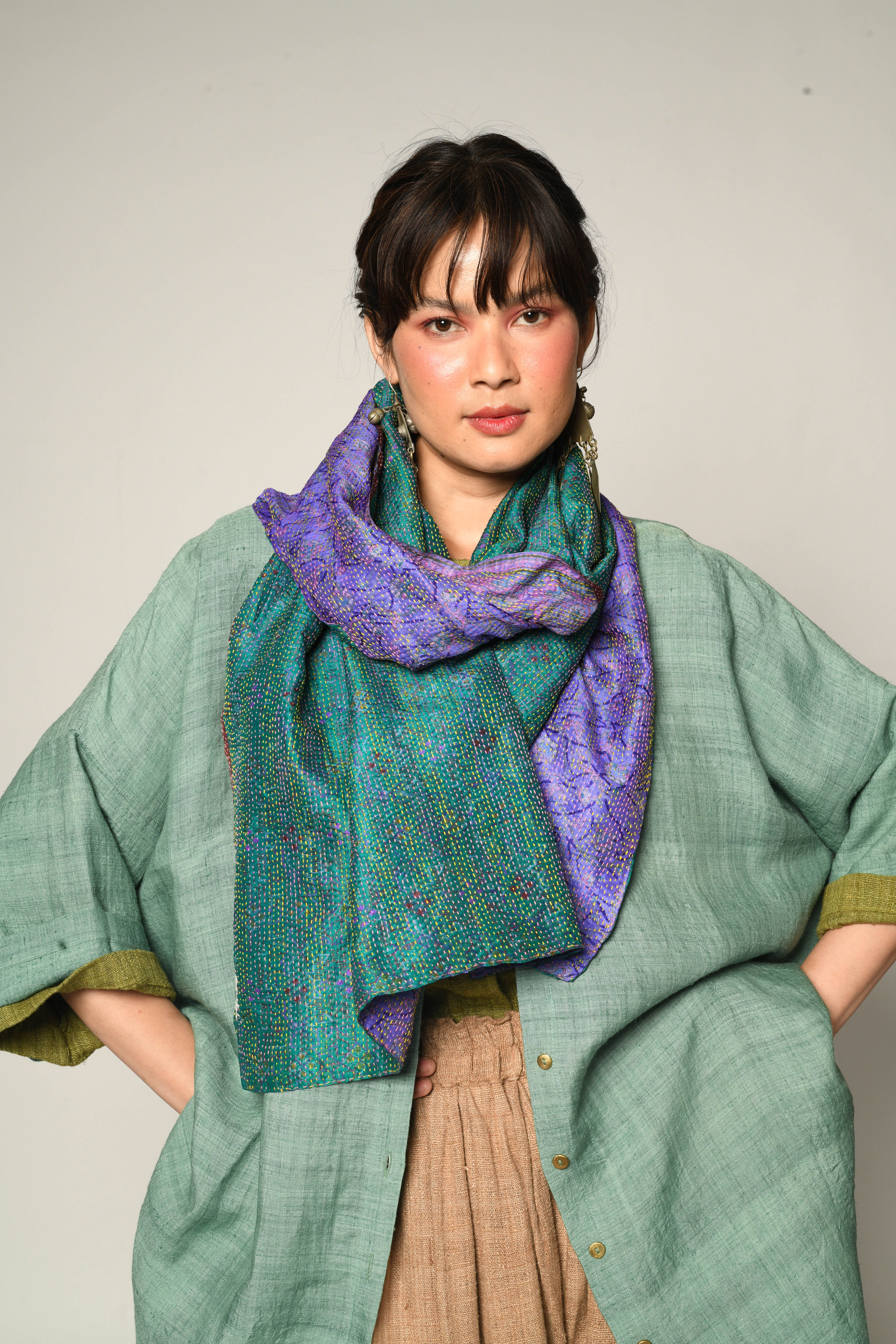 Kantha Sari Scarf | teal & ultraviolet