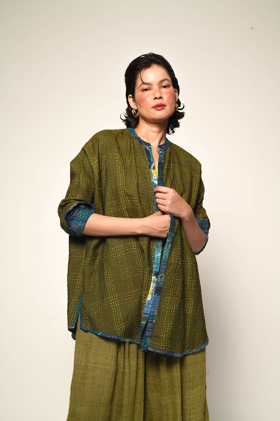 Thumbnail: Kantha Kouji Jacket | aqua & olive