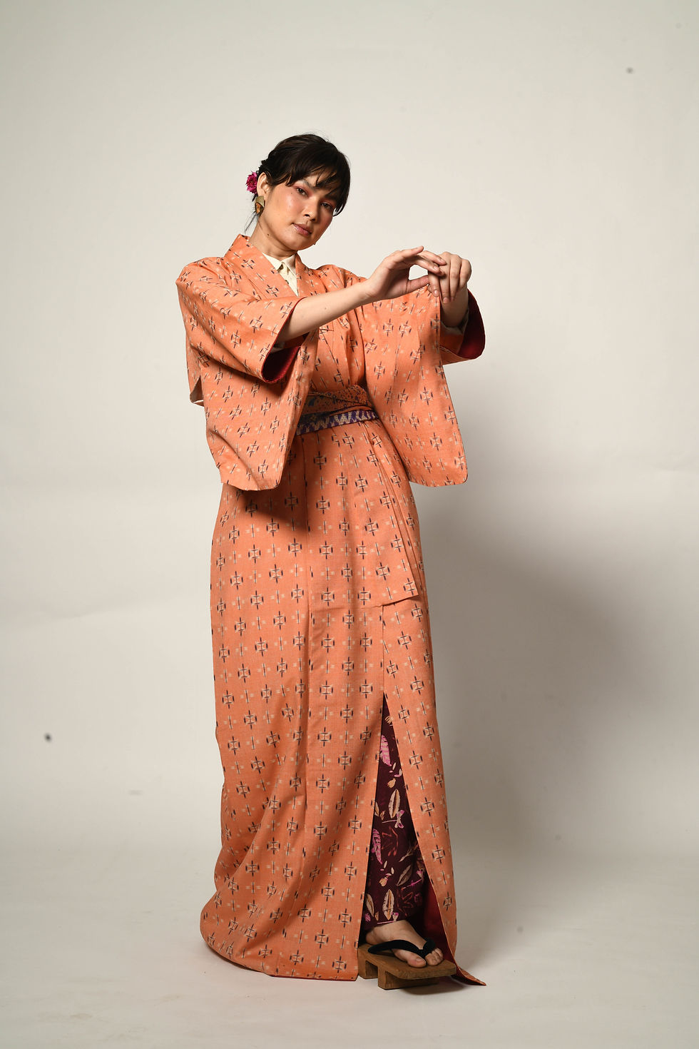 Thumbnail: Tsumugi Silk Ikat Kimono | terracotta