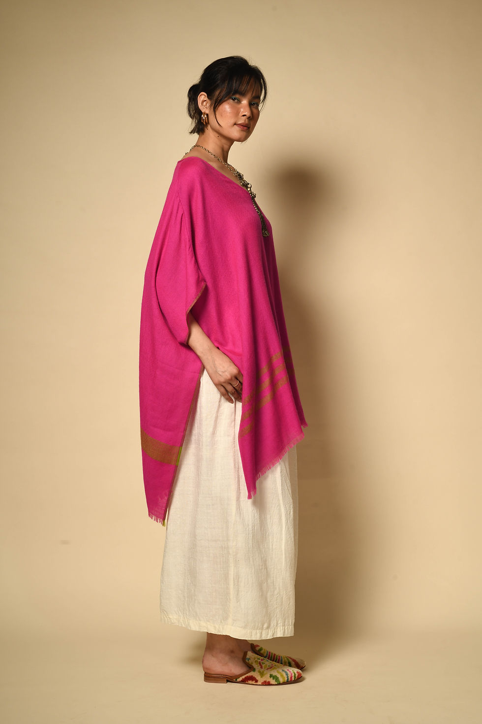 Thumbnail: Pashmina V-neck Poncho | rani pink