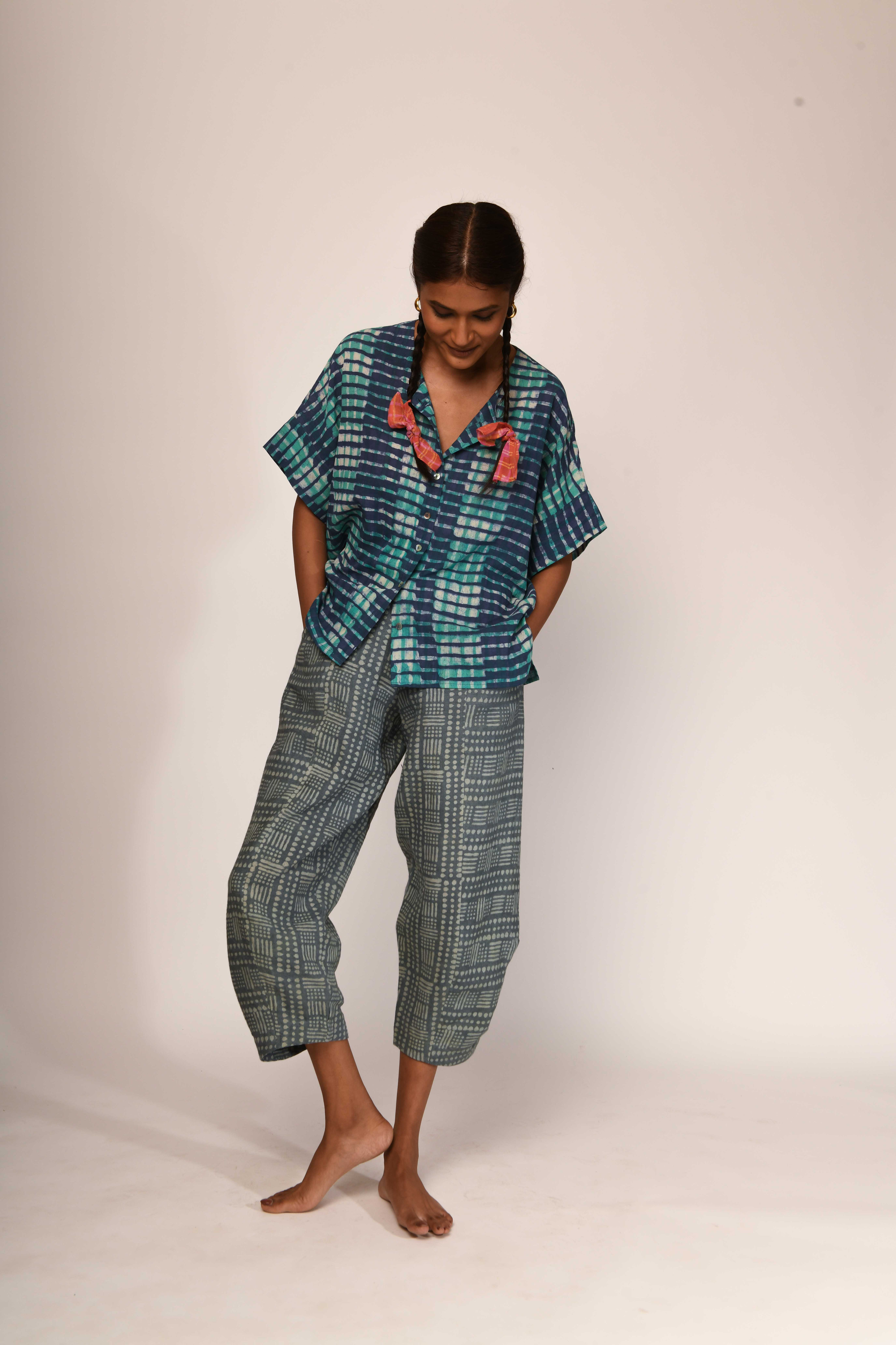 Dabu Cotton Box Shirt  | cobalt & turquoise