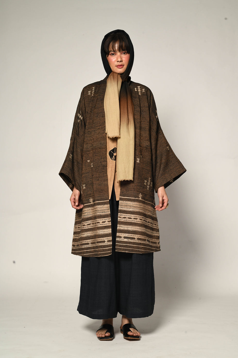 Thumbnail: Pashmina Ombre Scarf | black, coffee & cream