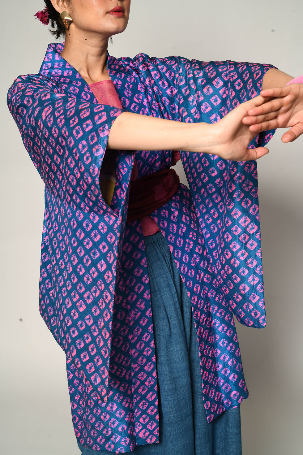 Thumbnail: Kanako Shibori Silk Satin Haori | neon pink & deep blue