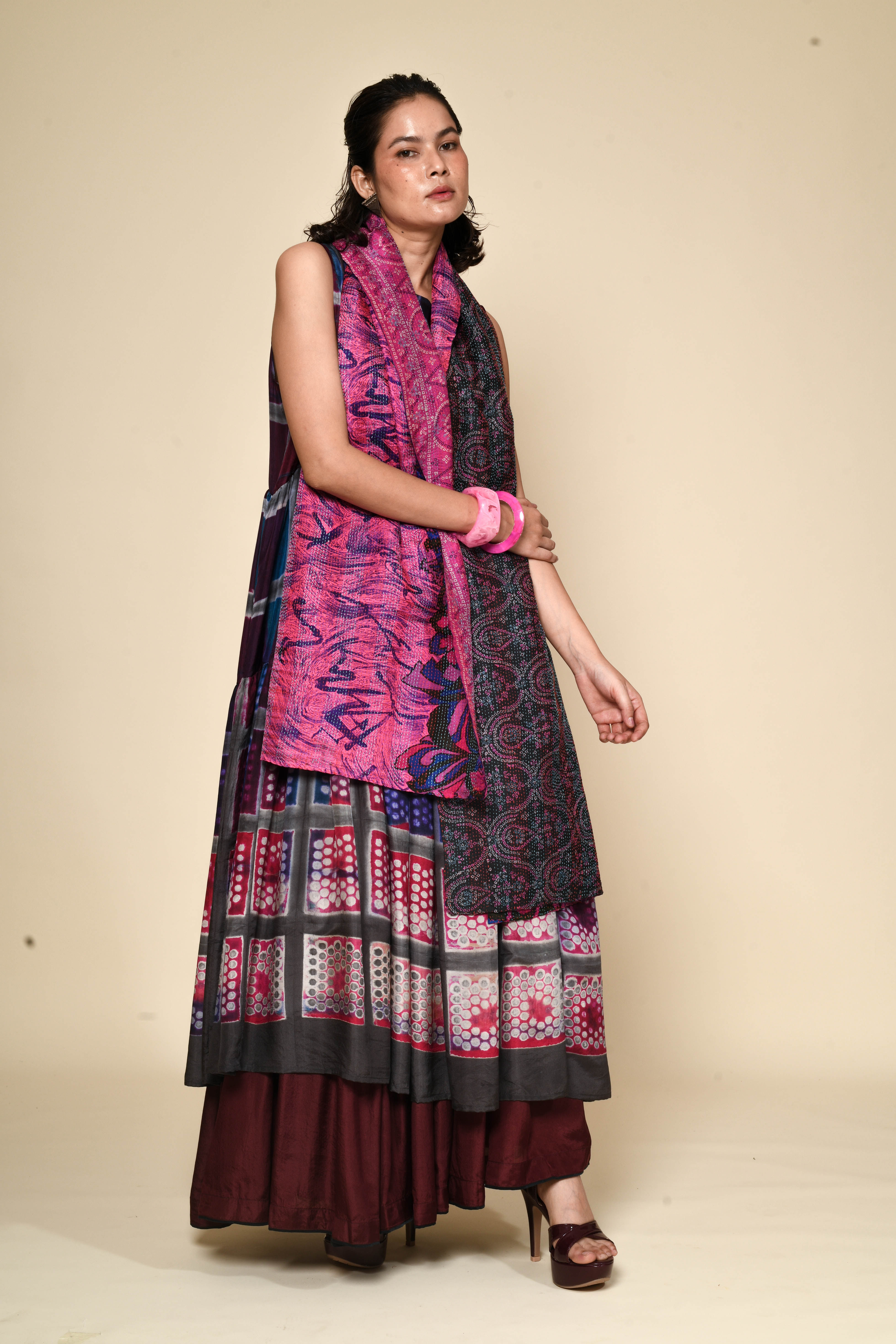 Kantha Sari Scarf | raspberry & midnight blue