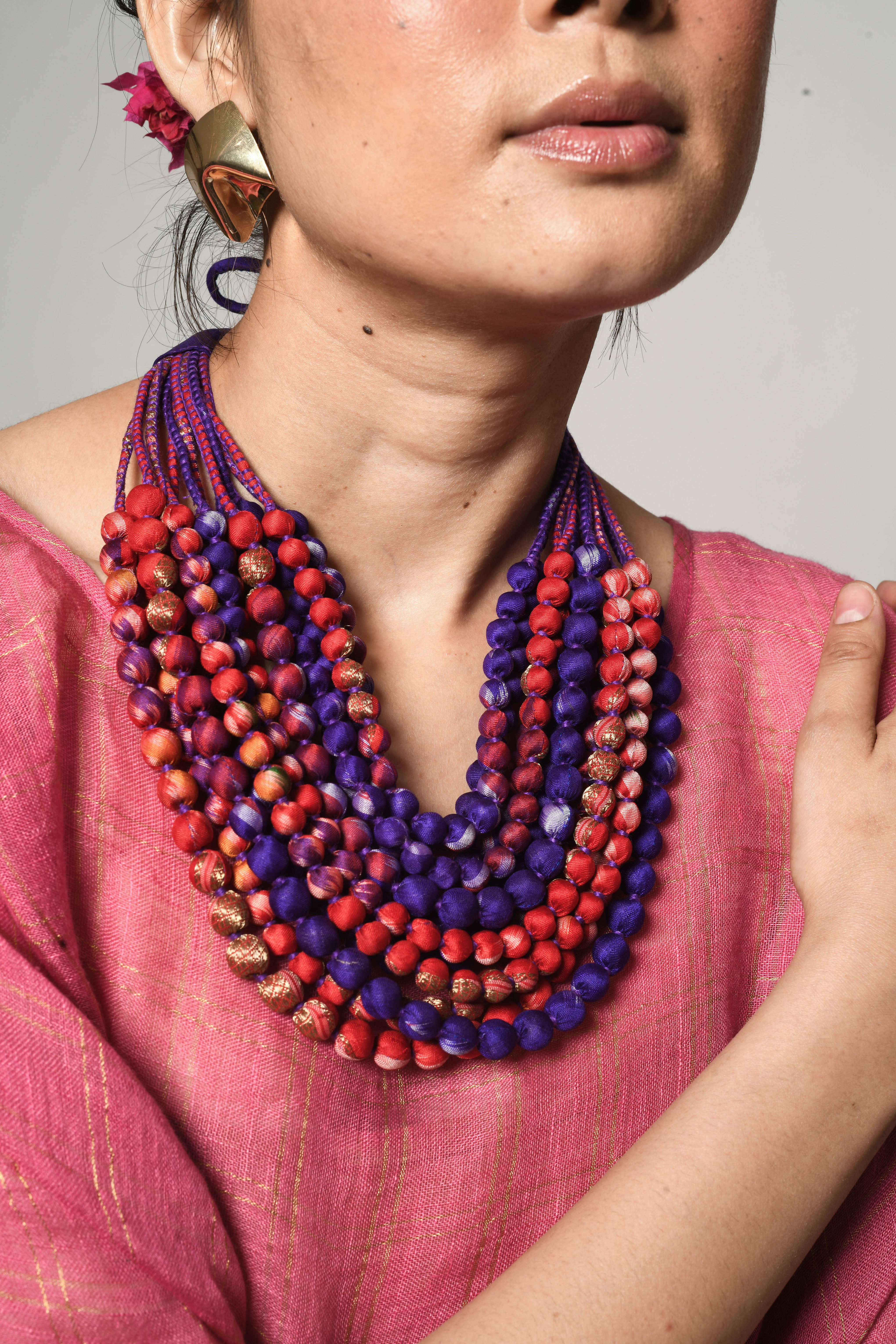 Sari Bead Necklace - 12 string | poppy & purple ikat