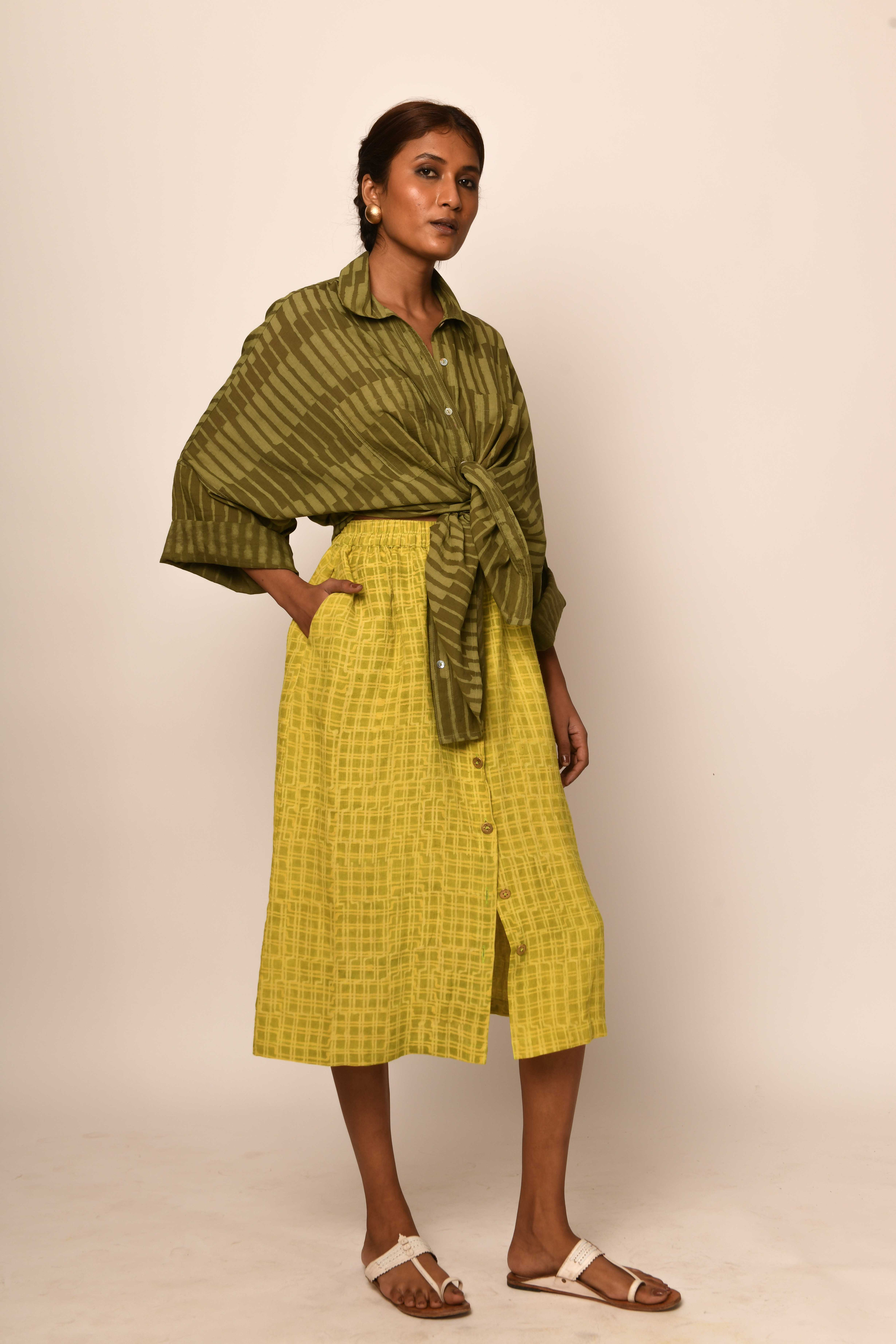 Dabu Linen Button Skirt  | electric lime