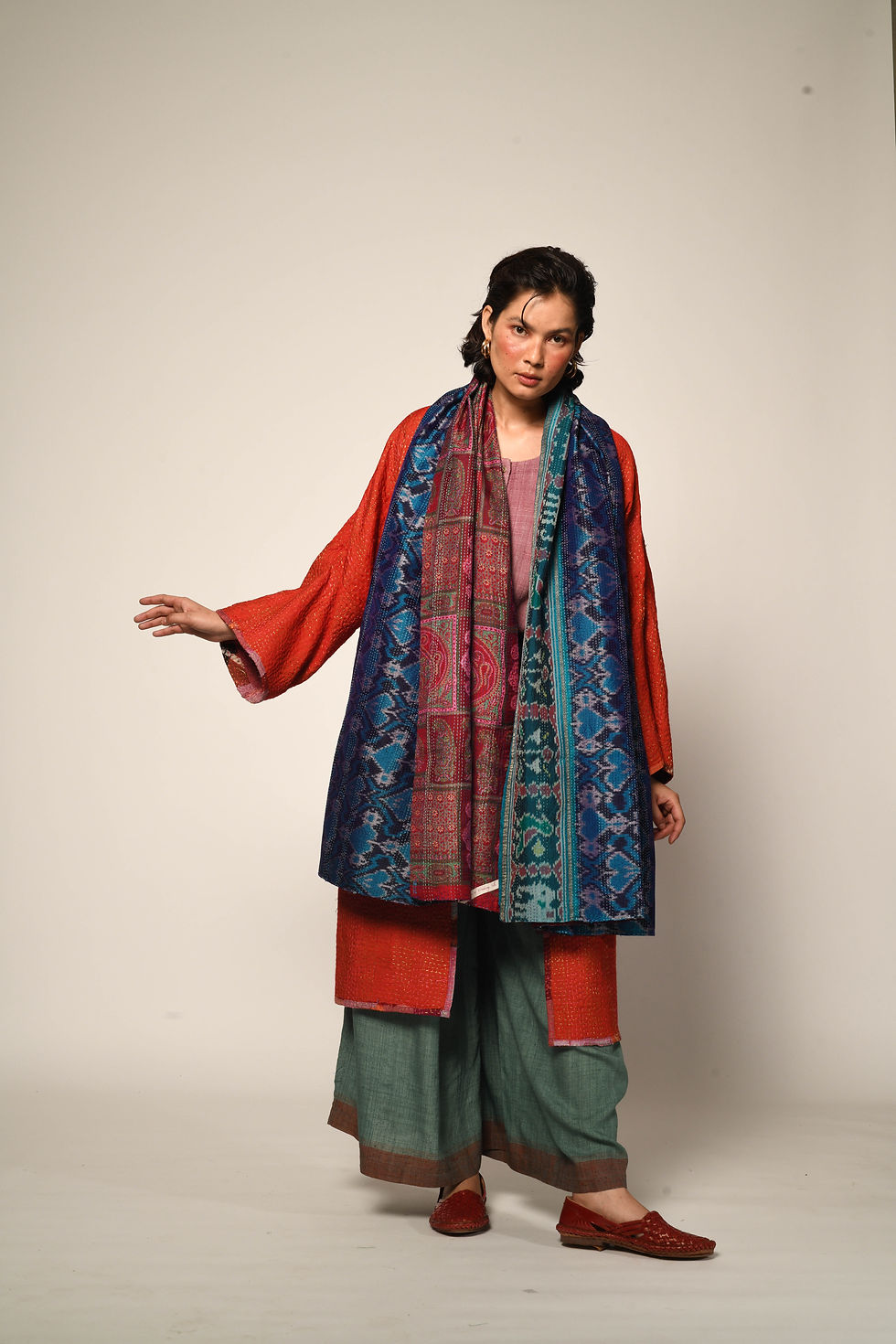 Thumbnail: Kantha Sari Shawl | deep blue ikat & tomato red
