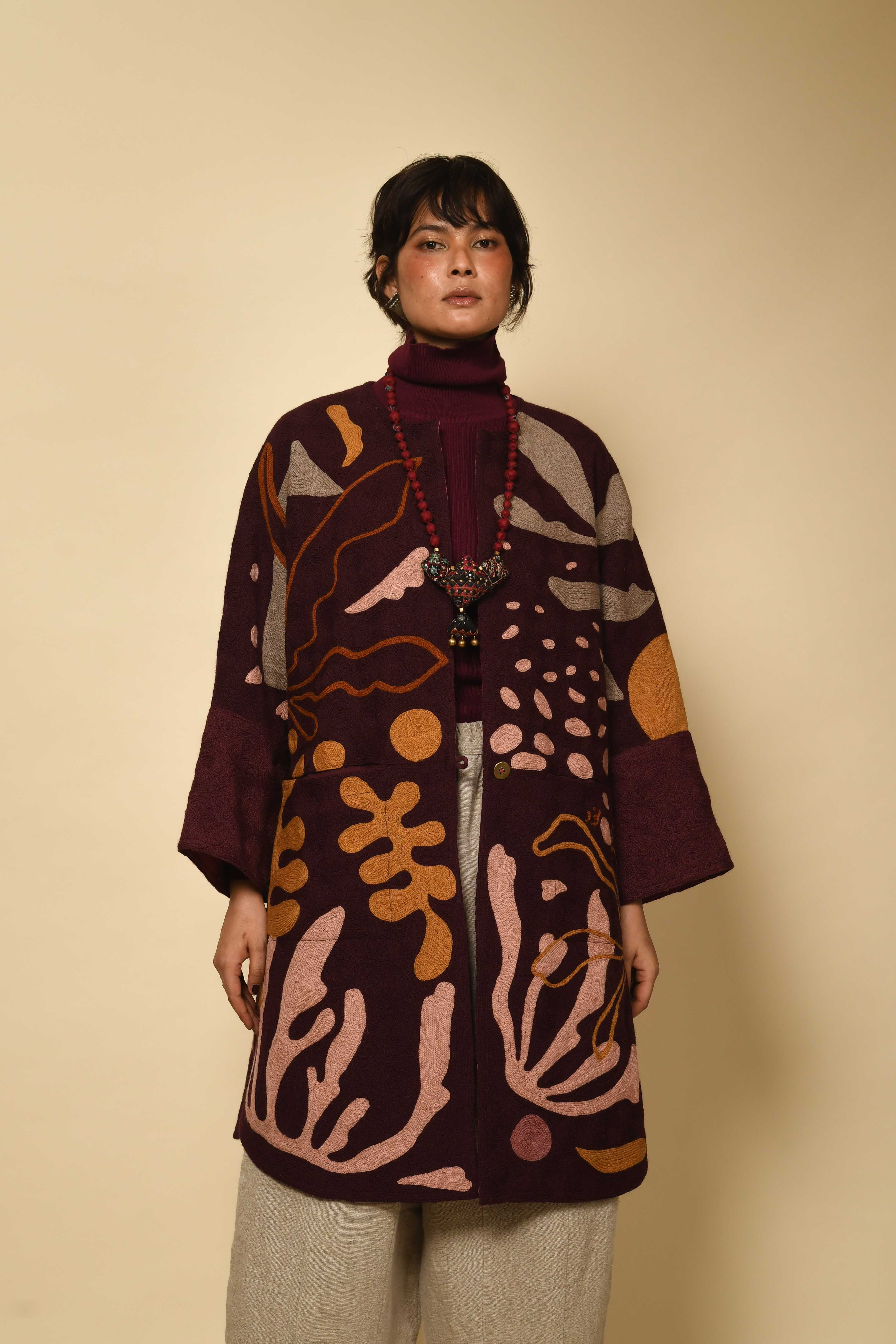 Kashmiri Crewel Poncho | burgundy / fully embroidered