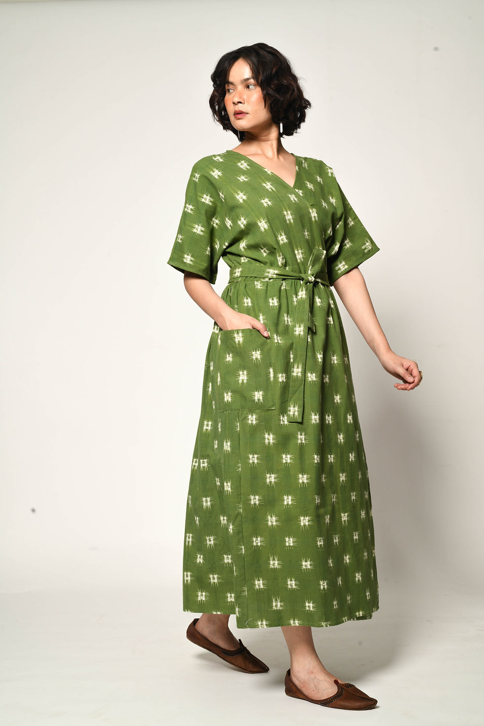 Thumbnail: Kasuri Double Ikat Wrap Dress | bright olive green & white