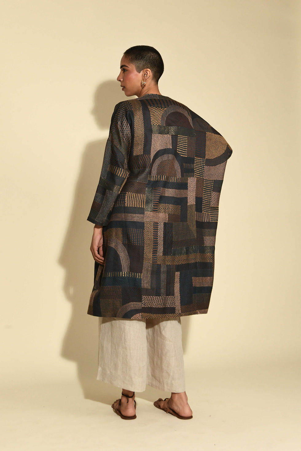 Thumbnail: Jyaamiti Kantha Tussar Cocoon Coat | charcoal