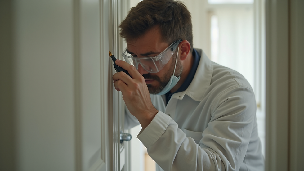 Close-up view of a pest control technician inspecting a home for signs of infestation